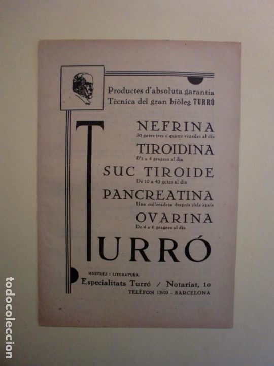 Colecionismo: PRODUCTES DEL GRAN BIOLEG TURR&Oacute; BARCELONA - 1.935