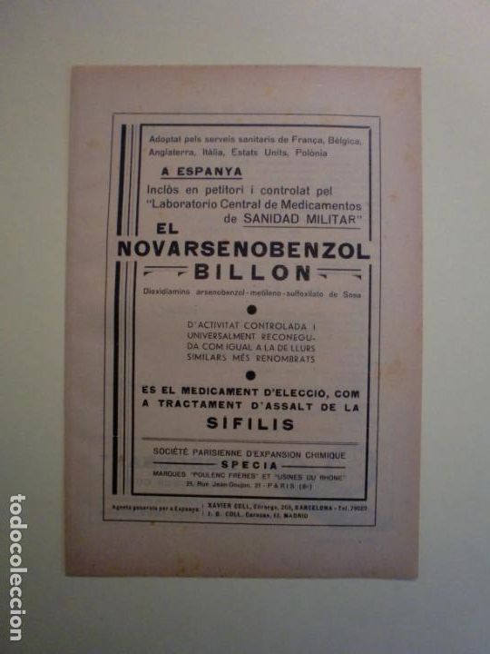 Colecionismo: NOVARSENOBENZOL BILLON EL TRACTAMENT CONTRA LA SIFILIS SPECIA - DERCUSAN MASNOU - 1.935