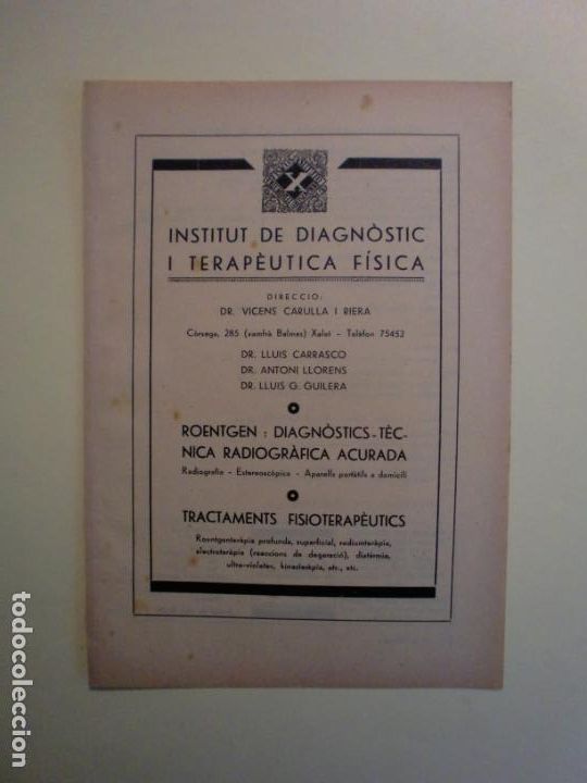 Colecionismo: INSTITUT DE DIAGNOSTIC I TERAPEUTICA FISICA ROENTGEN TRACTAMENTS FISIOTERAPEUTICS - 1.935