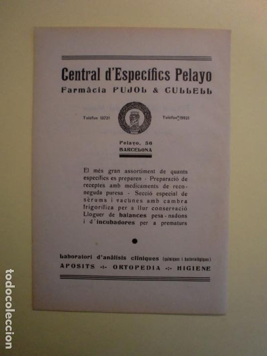 Colecionismo: CENTRAL D'ESPECIFICS PELAYO FARMACIA PUJOL & CULLELL BARCELONA - JUNTA PATRONAT CASAL METGE - 1.935