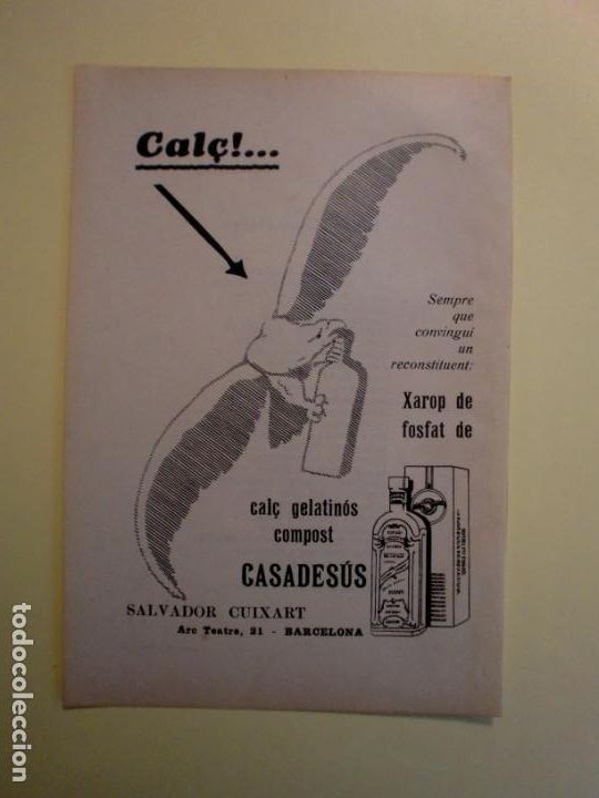 Colecionismo: XAROP FOSFAT DE CAL&Ccedil; GELATINOS COMPOST CASADES&Uacute;S SALVADOR CUIXART BARCELONA - 1.935