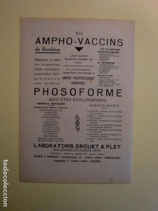 Colecionismo: BACTERIES TRACTADES PER BROM ELS AMPHO VACCINS LABORATORIS DROUET & PLET - DR. MISERACHS - 1.935