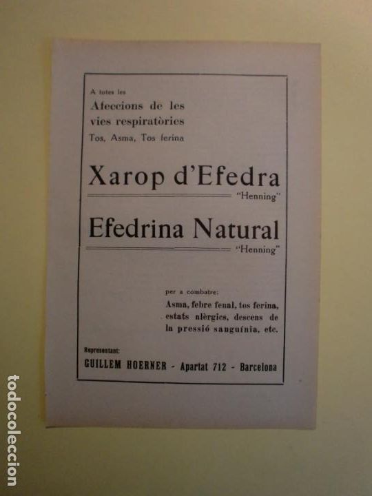 Colecionismo: TOS ASMA TOS FERINA XAROP D'EFEDRA EFEDRINA NATURAL HENNING GUILLEM HOERNER BARCELONA - 1.935