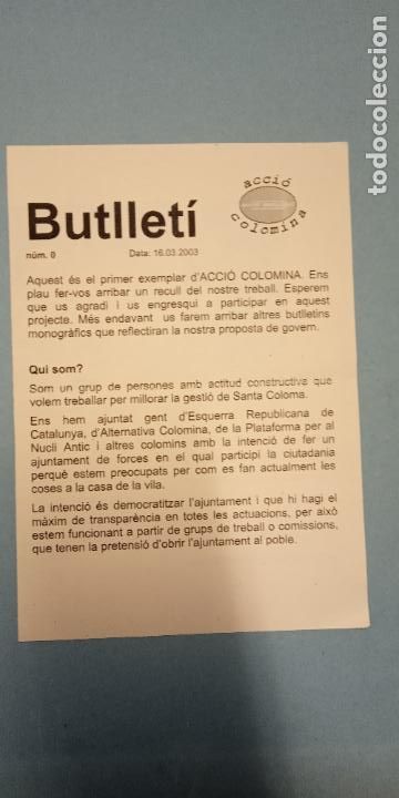 Coleccionismo: BUTLLET&Iacute; D'ACCI&Oacute; COLOMINA.