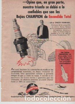 Coleccionismo: ANUNCIO PUBLICIDAD BUJIAS CHAMPION ENZO FERRARI-LABORATORIOS DUPONT
