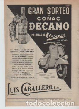 Coleccionismo: ANUNCIO PUBLICIDAD SORTEO CO&Ntilde;AC DECANO DE MOTOCICLETAS VESPA