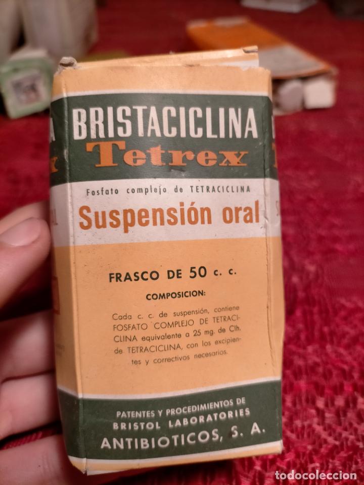 Coleccionismo: Antigua botella/ caja de farmacia medicina Bristaciclina Tetrex Antibioticos S.A. a&ntilde;os 40-50