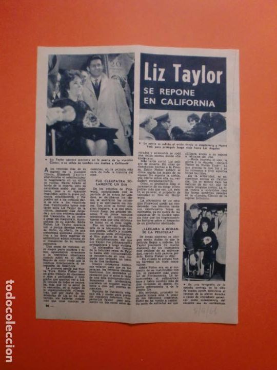 Coleccionismo: ELIZABETH TAYLOR SE REPONE EN CALIFORNIA - 8/4/1961