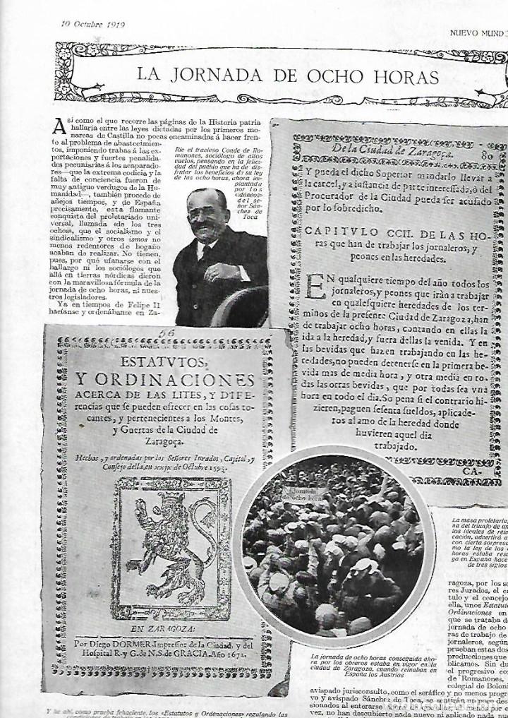 Coleccionismo: A&Ntilde;O 1919 RECORTE PRENSA TRABAJO SINDICALISMO REIVINDICACION IMPLANTACION DE LA JORNADA DE OCHO HORAS