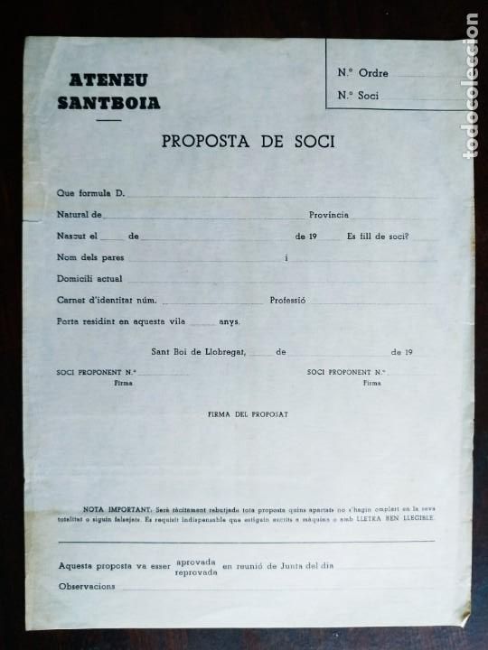 Coleccionismo: Bolet&iacute;n con propuesta de nuevo socio del Ateneu Samboia en Sant Boi de Llobregat y sobre entidad