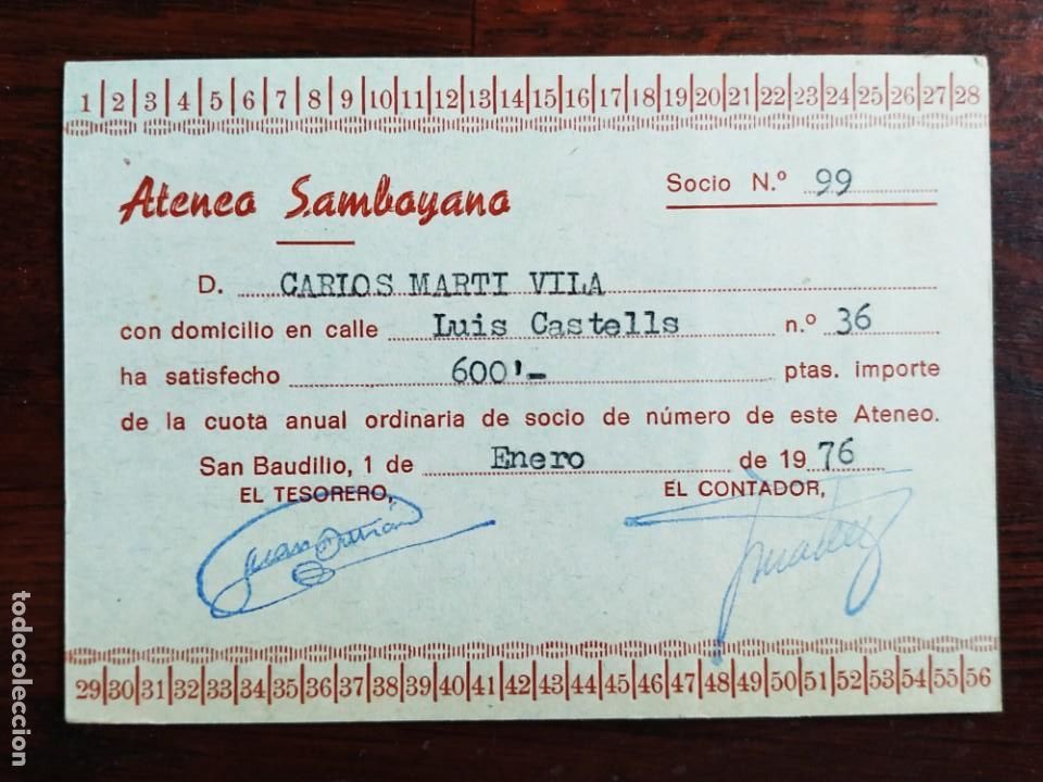 Coleccionismo: Un carnet de socio n&ordm; 99 de Crales Marti del Ateneu Santboia 1976 de Sant Boi de Llobregat