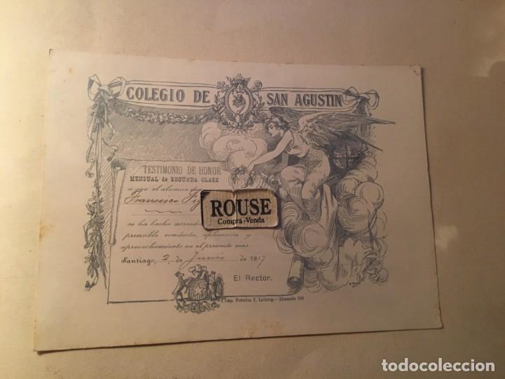 Coleccionismo: ENSE&Ntilde;ANZA - TESTIMONIO DE HONOR COLEGIO SAN AGUSTIN , SANTIAGO 2 DE JUNIO 1917 - 19X14 CM.