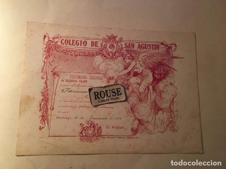 Coleccionismo: ENSE&Ntilde;ANZA - TESTIMONIO DE HONOR COLEGIO SAN AGUSTIN , SANTIAGO 8 DE JUNIO 1918 - 19X14 CM.