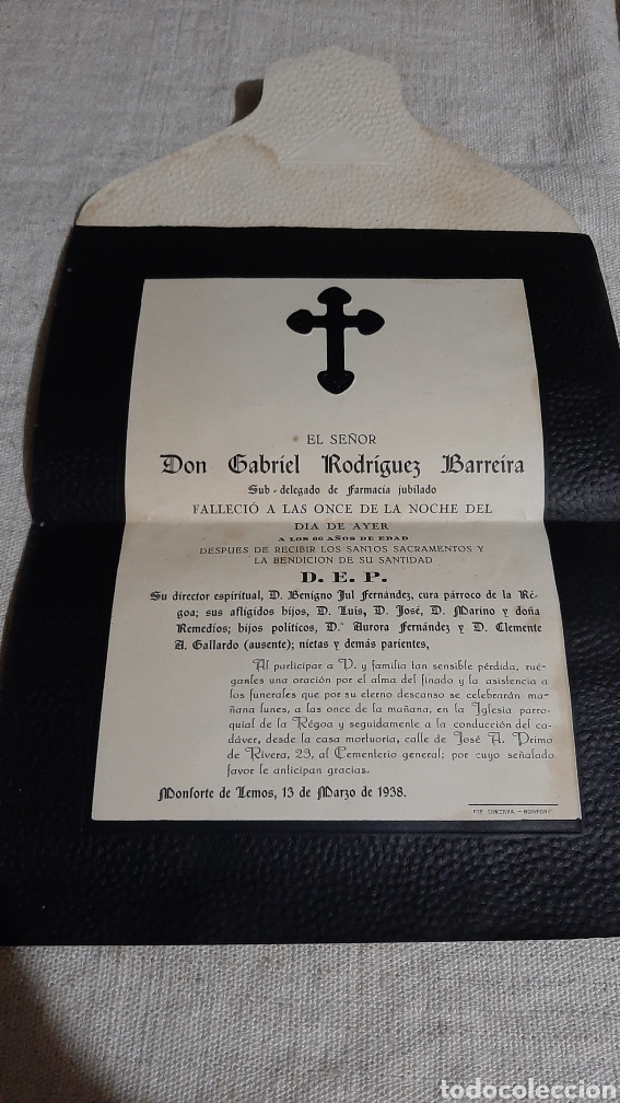 Collezionismo: 1938 MONFORTE LEMOS LUGO SOBRE SEP FALLECIMIENTO ESQUELA IMPRENTA MINERVA