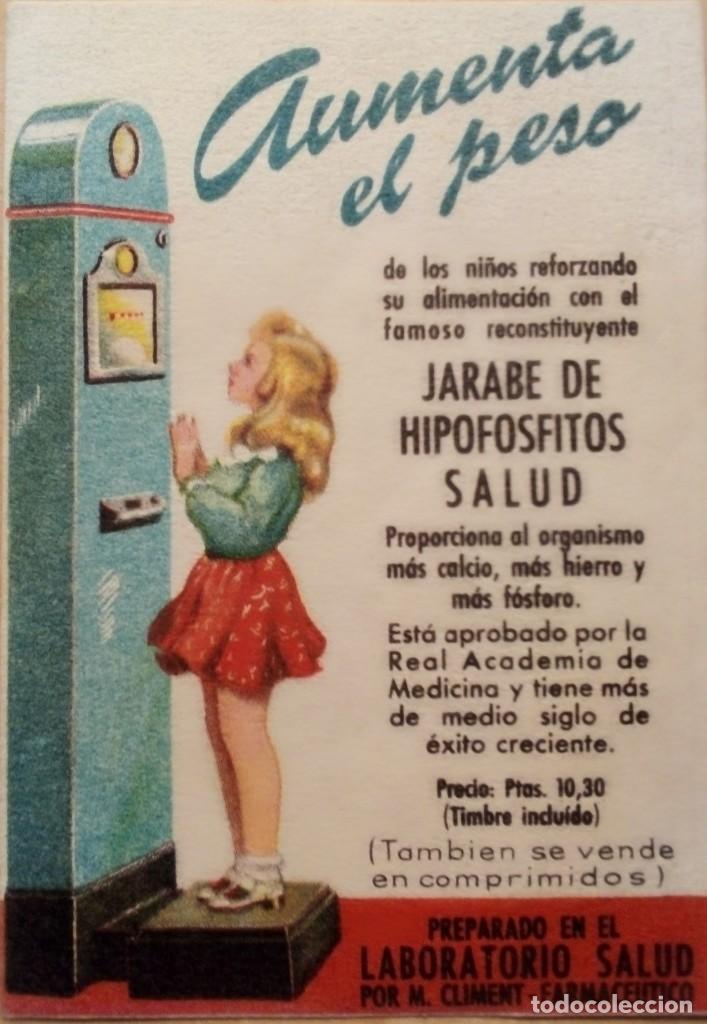 Coleccionismo: JARABE HIPOFOSFITOS SALUD - TAGETA CONTROL PESO CON PUBLICIDAD - 1948