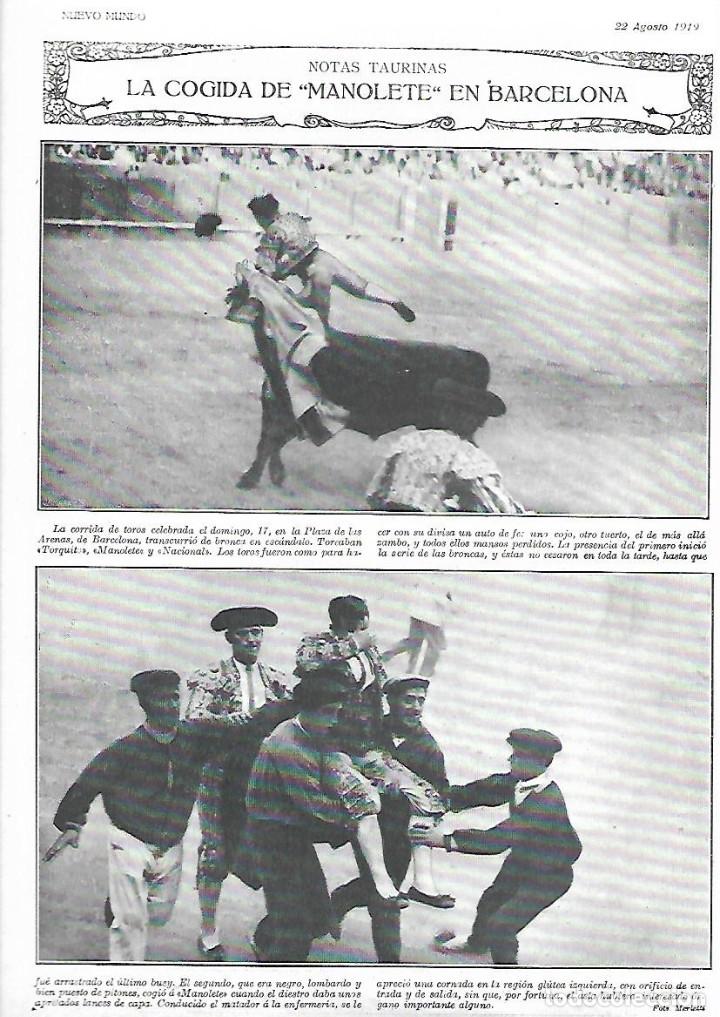 Coleccionismo: A&Ntilde;O 1919 HOJA NOTICIA TOREO COGIDA TORERO MANOLETE EN PLAZA DE TOROS LAS ARENAS DE BARCELONA