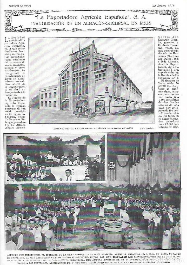 Colecionismo: A&Ntilde;O 1919 HOJA NOTICIA INAUGURACION EN REUS ALMACEN SUCURSAL EXPORTADORA AGRICOLA ESPA&Ntilde;OLA BODEGA