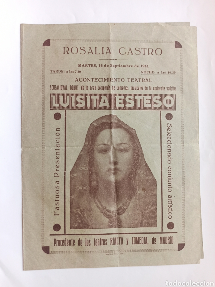 Coleccionismo: Teatro Rosal&iacute;a de Castro. Luisita Esteso. A&ntilde;o 1941. Galicia.