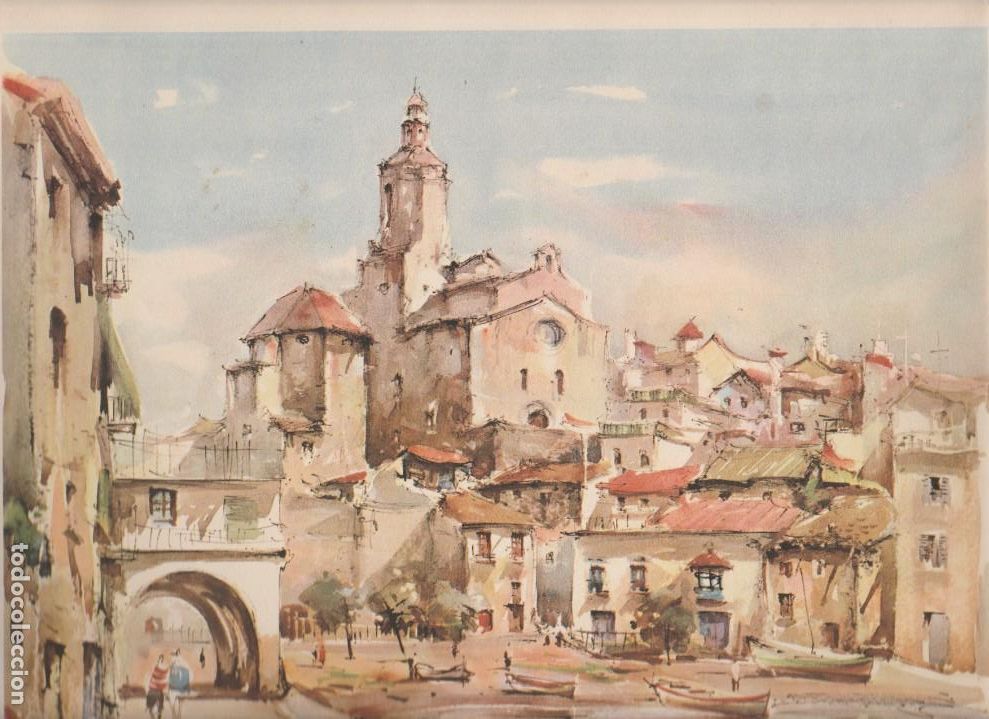 Coleccionismo: LAMINA - CADAQUES - GERONA - REPRODUCCION PINTURA ACUARELA FIRMA J. ROCA DELPECH - 30 X 25 CM -FOTOS