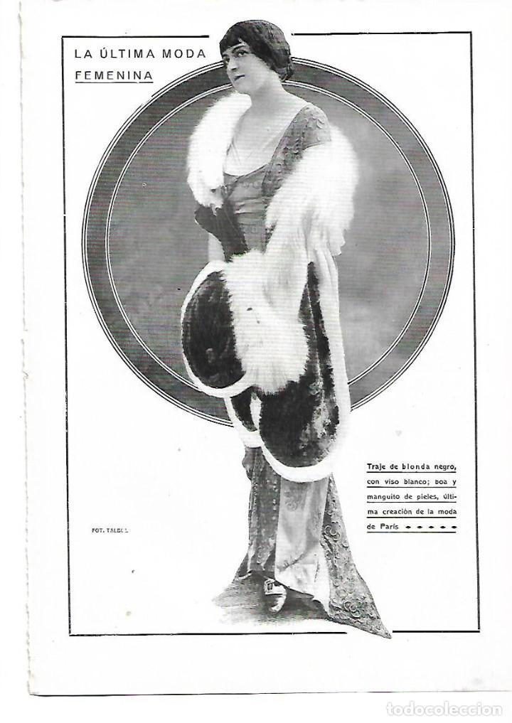 Coleccionismo: A&Ntilde;O 1913 RECORTE PRENSA MUJER MODA FEMENINA TRAJE VESTIDO BLONDA NEGRA VISO BLANCO BOA MANGUITO PIEL