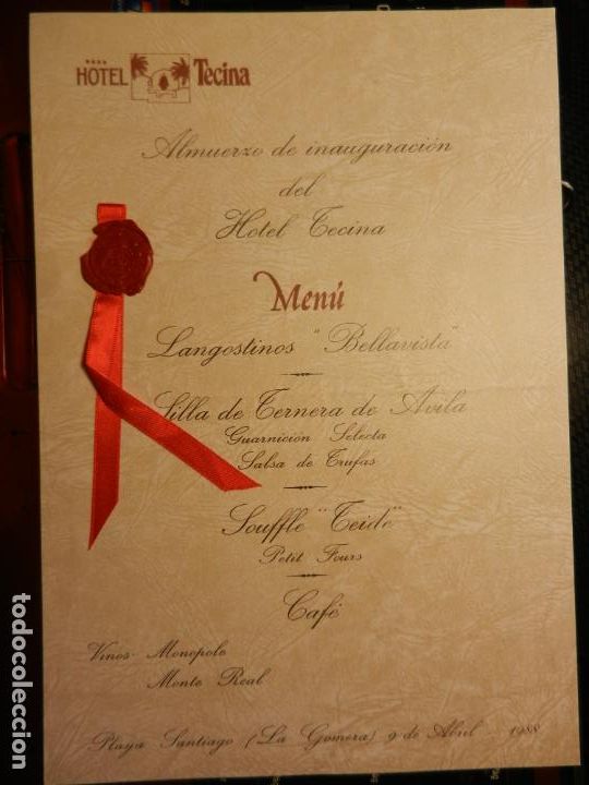 Coleccionismo: LA GOMERA - PLAYA SANTIAGO - TARJETA DEL ALMUERZO D INAGURACI&Oacute;N DEL HOTEL TECINA - 9 ABRIL 1988. -