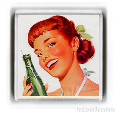 Coleccionismo: IMAN ACRILICO NEVERA - DISE&Ntilde;O VINTAGE MUJER BOTELLA SODA