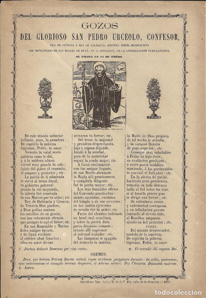 Coleccionismo: GOZOS.- GLORIOSO SAN PEDRO URC&Eacute;OLO, CONFESOR. SAN MIGUEL DE CUX&Aacute;. ROSELLON- 1877