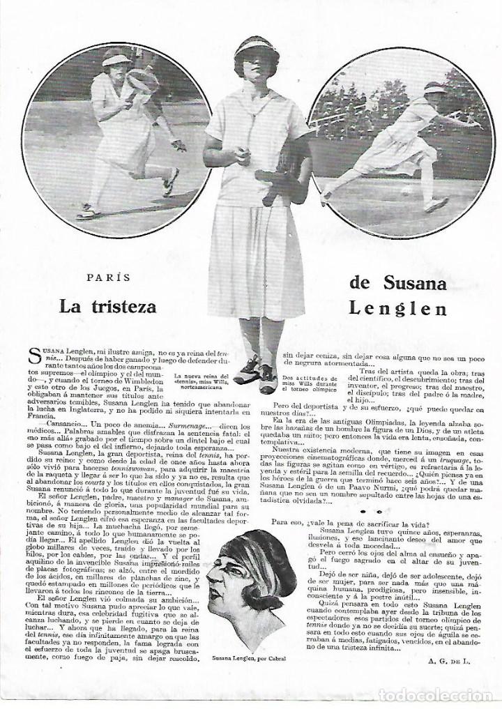 Collectionnisme: A&Ntilde;O 1924 RECORTE PRENSA DEPORTES TENIS FEMENINO SUSANA LENGLEN CAMPEONA DEL MUNDO OLIMPICA ABANDONA