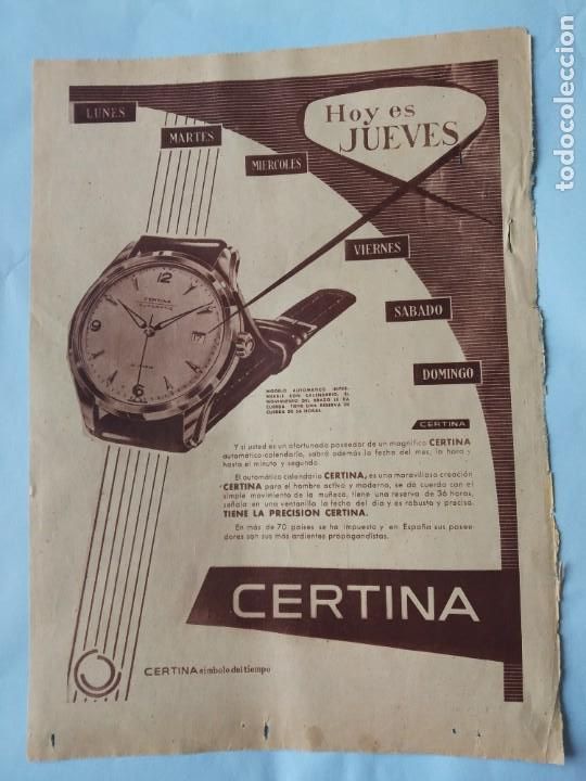 Coleccionismo: ANUNCIO PRENSA RELOJES CERTINA - 17 OCTUBRE 1957