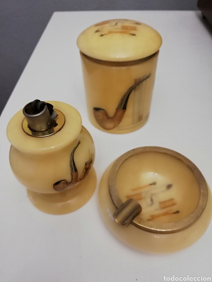Collectionnisme: Set de cenicero, portamechero y bote para tabaco alabastro vintage