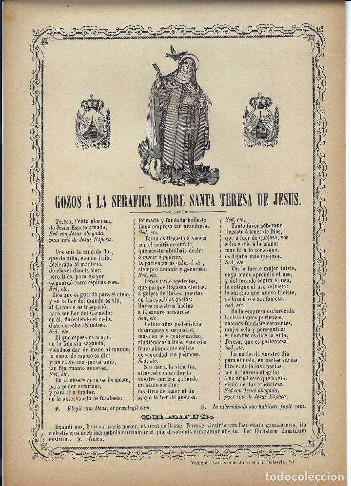 Coleccionismo: GOZOS.- SERAFICA MADRE SANTA TERESA DE JESUS. LIBRER&Iacute;A JUAN MART&Iacute;. VALENCIA- SIGLO XIX
