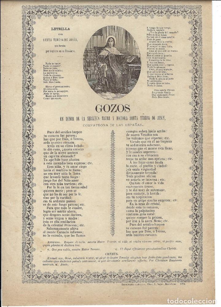 Coleccionismo: GOZOS.- HONOR DE LA SER&Aacute;FICA MADRE Y DOCTORA SANTA TERESA DE JES&Uacute;S. LETRILLA. BARCELONA- 1873