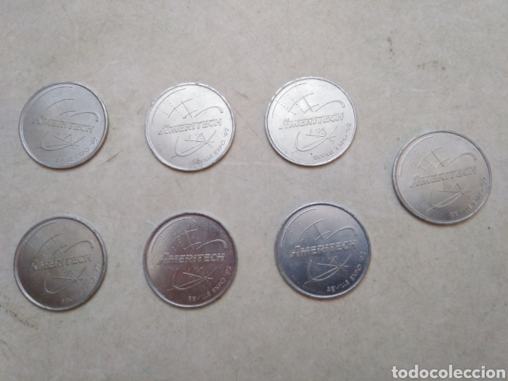 Collectionnisme: Lote de 7 medallas ( monedas ) de aluminio , Ameritech, Seville expo 92