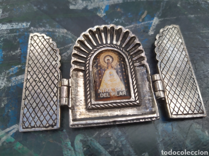 Coleccionismo: Tr&iacute;ptico de la Virgen del Pilar metal - Foto 1