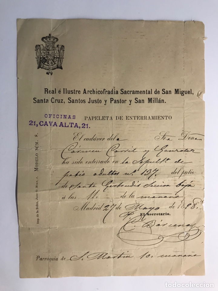 Coleccionismo: MADRID. Real e Ilustre Archicofradia Sacram&eacute;ntal de San Miguel... Papeleta de enterramiento (a.1898)