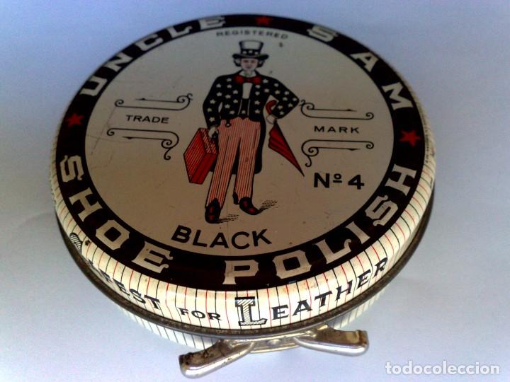 Coleccionismo: ANTIGUA LATA LITOGRAFIADA,UNCLE SAM,SHOE POLISH N&ordm;4-BLACK,SAFETY FOR LEATHER (DESCRIPCI&Oacute;N)