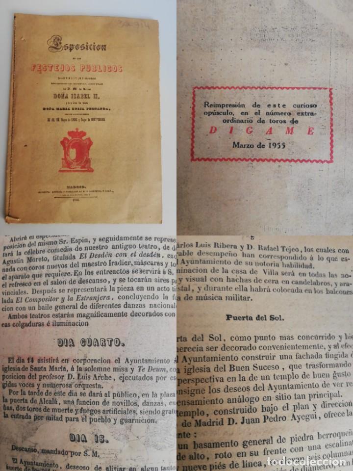 Colecionismo: Antiguo programa: Exposicion de los Festejos P&uacute;blicos. Madrid 1846 (Rep. reimpresi&oacute;n 1955)