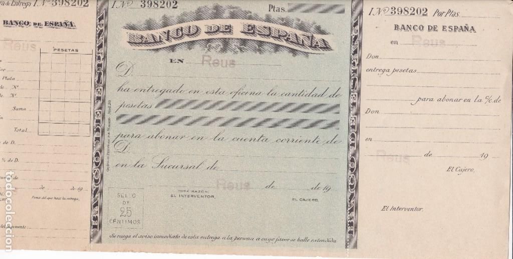 Coleccionismo: Factura del Banco de Espa&ntilde;a Reus