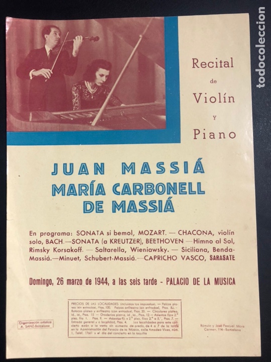 Coleccionismo: Programa palacio de la m&uacute;sica barcelona 1944 recital de viol&iacute;n y piano.juan Massia.Maria Carbonell 5