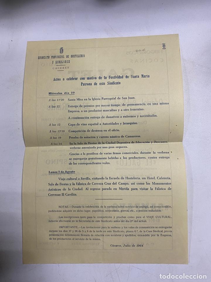 Coleccionismo: PROGRAMA DEL SINDICATO PROVINCIAL DE HOSTELERIA Y SIMILARES DE CACERES.ACTOS FESTIVIDAD SANTA MARTA