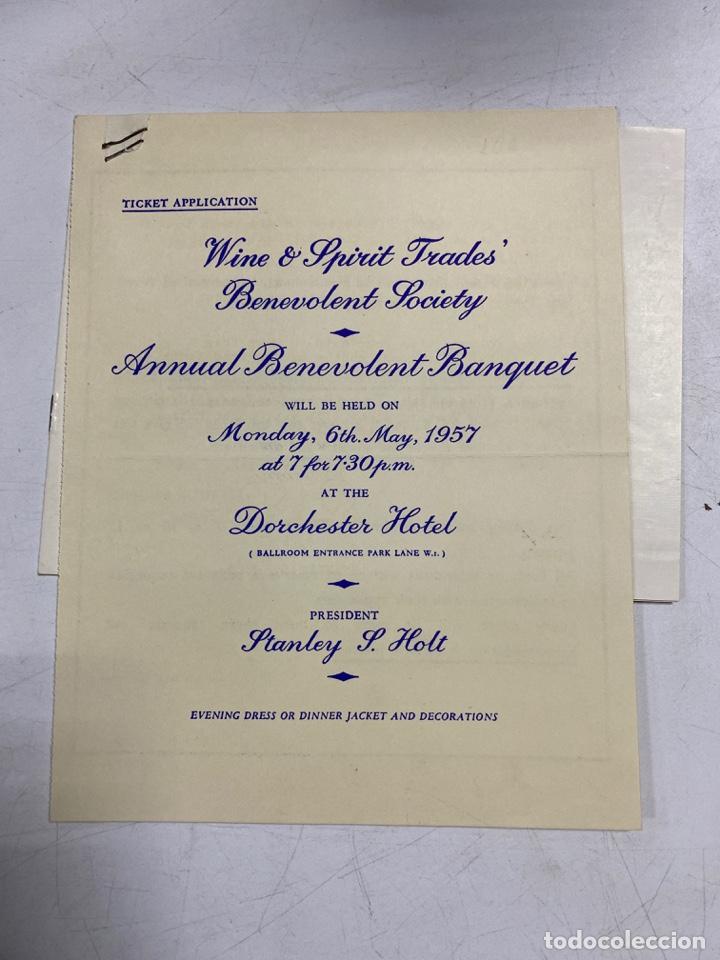 Coleccionismo: WINE & SPIRIT TRADES. BENEVOLENT SOCIETY. PASE PARA EL BANQUETE ANUAL EN EL DORCHESTER HOTEL.1957