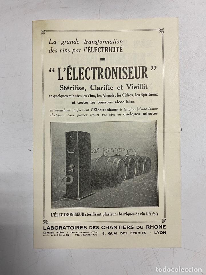 Coleccionismo: HOJA PUBLICITARIA. L'&Eacute;LECTRONISEUR. ESTERILIZACION DE VARIOS BARRILES DE VINO A LA VEZ.