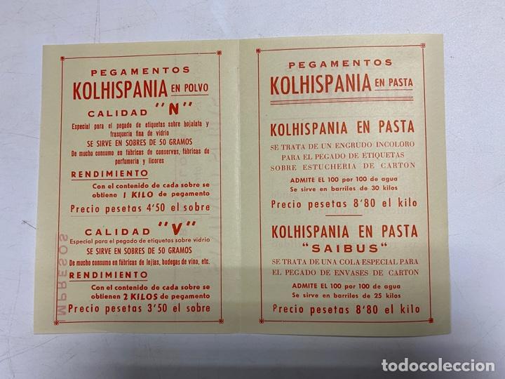 Coleccionismo: HOJA PUBLICITARIA PEGAMENTOS KOLHISPANIA. VER FOTOS