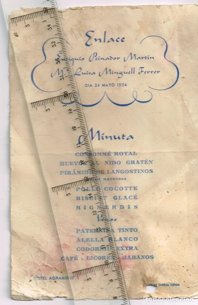 Coleccionismo: 1954 Agramunt Men&uacute; Boda Eutiquio Peinador Mart&iacute;n (Eximio Veterinario) y M&ordf; Luisa Minguell Ferrer