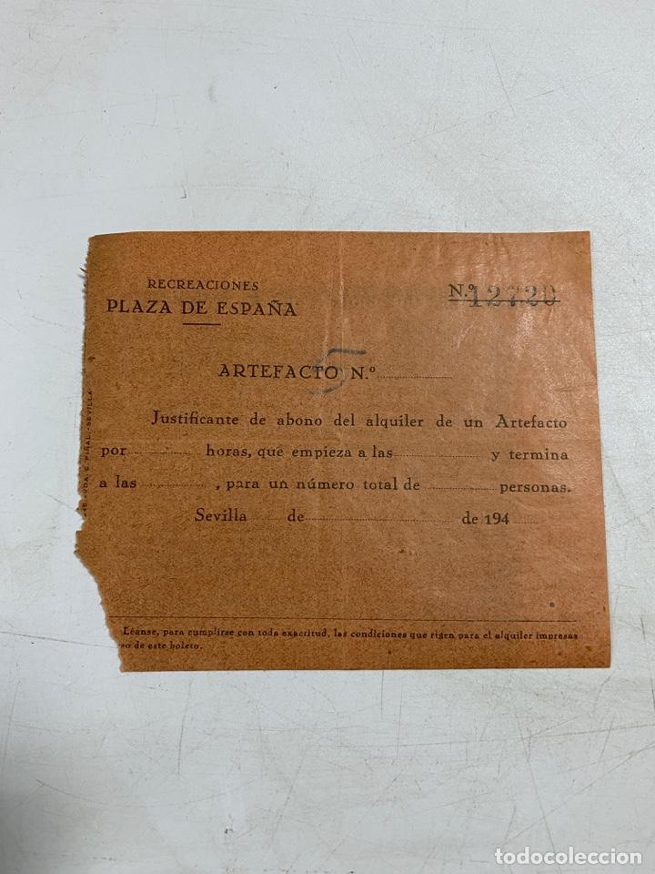Coleccionismo: JUSTIFICANTE DE ABONO DE ALQUILER DE ARTEFACTO. RECREACIONES PLAZA DE ESPA&Ntilde;A. SEVILLA, 1940. VER