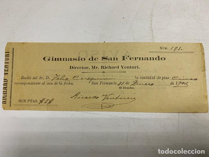 Coleccionismo: SAN FERNANDO, 1901. RECIB&Iacute;. GIMNASIO DE SAN FERNANDO. MR. RICHARD VENTURI.