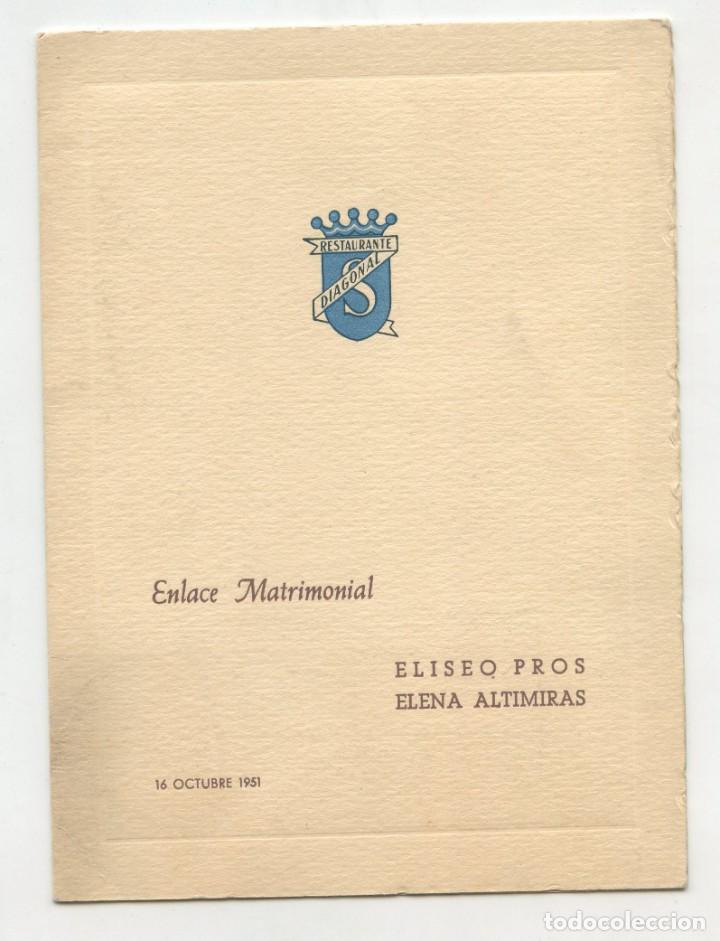 Coleccionismo: Men&uacute; de boda en Restaurante Diagonal (Barcelona), octubre 1951