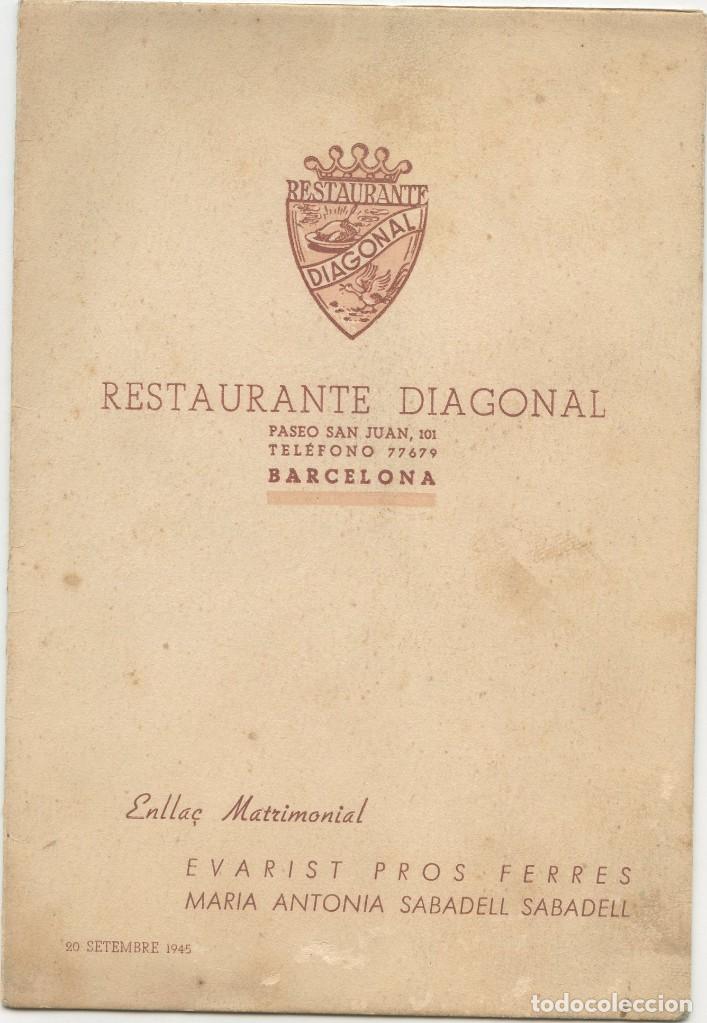 Coleccionismo: Men&uacute; de Boda Restaurante Diagonal. Barcelona., setiembre 1945
