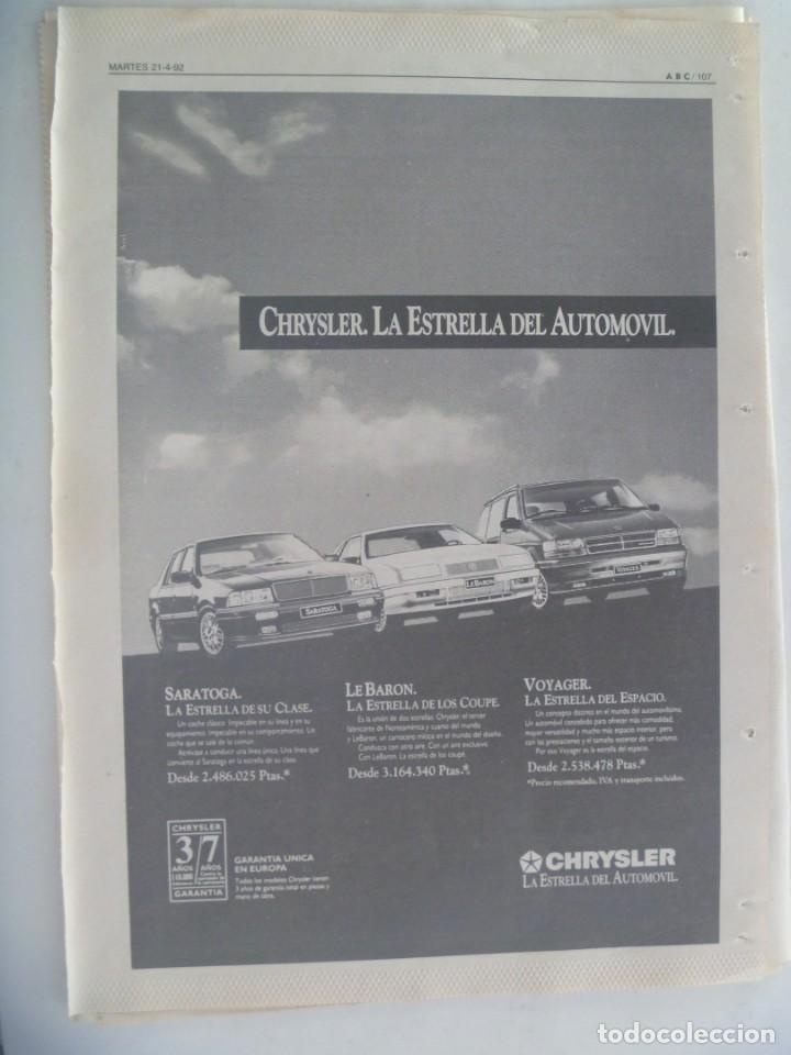 Coleccionismo: HOJA DE PERIODICO CON PUBLICIDAD DE COCHE CHRYSLER , LA ESTRELLA DEL AUTOMOVIL. 1992
