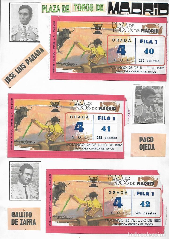 Coleccionismo: 806- 3 ENTRADAS CON FOTOS DE LA PLAZA DE TOROS DE MADRID DEL 25 DE JULIO DE 1.982